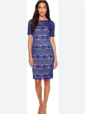 Adrianna Papell blue beaded lace midi dress